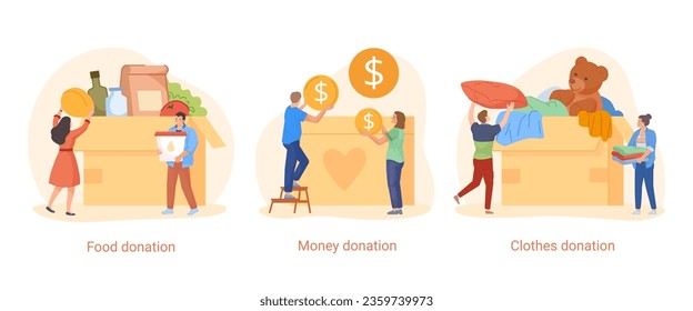 Humanitarian fundraising. People collect coins food clothing donations in box, financial gift money charity social solidarity and crowdfunding, charities help vector illustration of help and support