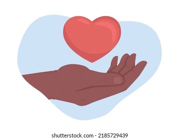 Humanitarian help 2D vector isolated illustration. Palm and heart flat hand gesture on cartoon background. Kindness and compassion colourful editable scene for mobile, website, presentation