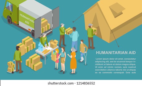 Humanitarian help and aid for people poster with text sample vector. Truck car and volunteers giving water beverages and baked bread for poor refugee