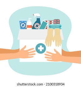 Humanitarian help and donate glove, medical face mask, hand sanitizer, alcohol wipes and virus disinfection spray during Covid19 coronavirus outbreak.