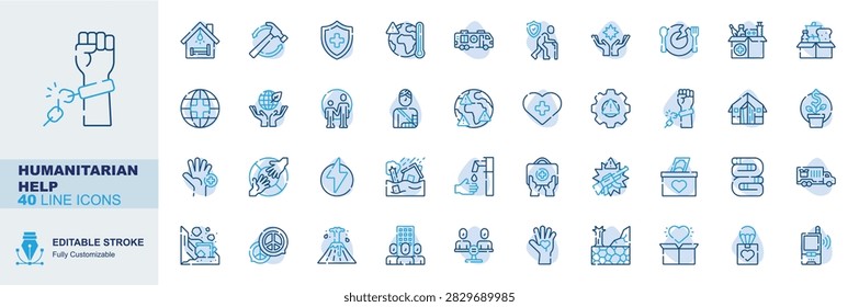 Humanitarian help editable stroke line icons set. aid, disaster relief, volunteers, emergency vector illustration.
