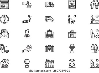 Humanitarian help icons collection is a vector illustration with editable stroke.