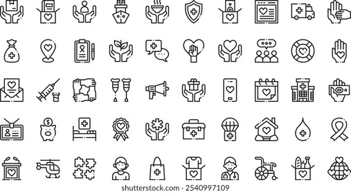 Iconos de ayuda humanitaria . Colección de iconos vectoriales de alta calidad con trazo editable. Ideal para Profesional y Proyectos Creativos.