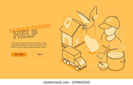 Humanitarian help - line design style isometric web banner on yellow background with copy space for text. Header with volunteer, love and care, food for poor, ambulance and shelter. Sympathy idea