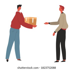 Humanitarian help for man, isolated deliveryman giving parcel to male character. Package with products or goods for poor, volunteer with cardboard box and customer, vector in flat style illustration
