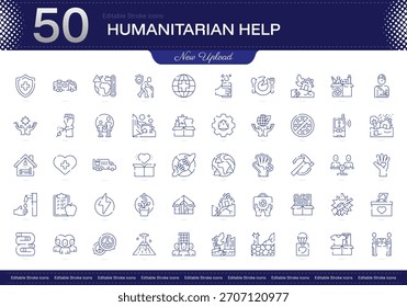 Schlagwort für humanitäre Hilfe. Symbolsatz für humanitäre Hilfszeile. bearbeitbares Strichsymbolpaket. Paket von Symbolen für Linien, dünn und linear. Vollständig anpassbar