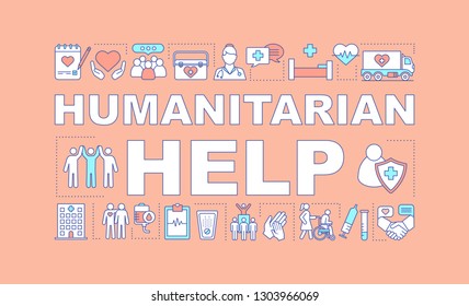 Humanitarian help word concepts banner. Volunteering. Presentation, website. Charitable foundation. Isolated lettering typography idea with linear icons. Vector outline illustration