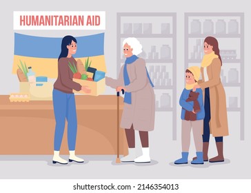 Humanitarian hub visit flat color vector illustration. Family of refugees getting humanitarian aid from volunteer 2D simple cartoon characters with interior on background. Bebas Neue font used