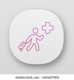 Humanitarian immigrant app icon. Refugee help. Emigrant with baggage. Travelling abroad. War victim evacuation. UI/UX user interface. Web or mobile applications. Vector isolated illustrations