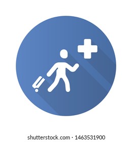 Humanitarian immigrant blue flat design long shadow glyph icon. Refugee help. Emigrant with baggage. Travelling abroad. Migrant crisis. War victim evacuation. Vector silhouette illustration