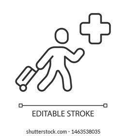 Humanitarian immigrant linear icon. Refugee help. Emigrant with baggage. Travelling abroad. Thin line illustration. Contour symbol. Vector isolated outline drawing. Editable stroke