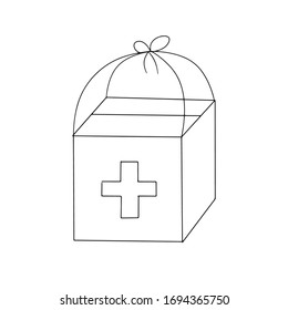 Humanitarian medical aid in carton box. Simple vector illustration in cartoon doodle style. Concept of world crisis during coronavirus pandemic, charity, politics, economy, necessary equipment, masks