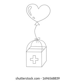 Humanitarian medical aid in carton box with heart. vector illustration in doodle style. Concept of world crisis during coronavirus pandemic, charity, politics, economy, necessary equipment, masks