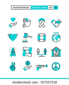 Humanitarian, peace, justice, human rights and more. Plain and line icons set, flat design, vector illustration