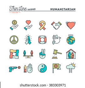 Humanitarian, peace, justice, human rights and more, thin line color icons set, vector illustration