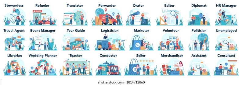 Humanitarian profession set. Business and social profession. Business, retail, politics system and entertainment. Stewardess, teacher, marketer, diplomat. Isolated flat vector illustration