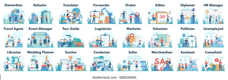 Humanitarian profession set. Business and social profession. Business, retail, politics system and entertainment. Stewardess, teacher, marketer, diplomat. Isolated flat vector illustration