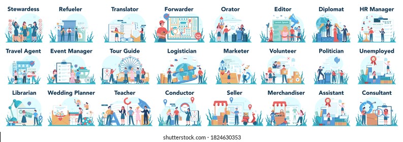 Humanitarian profession set. Business and social profession. Business, retail, politics system and entertainment. Stewardess, teacher, marketer, diplomat. Isolated flat vector illustration