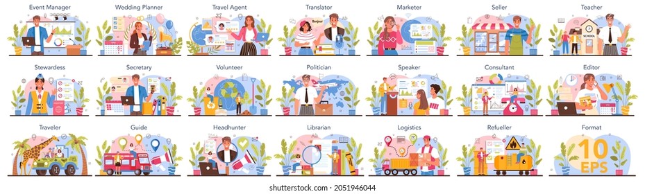 Humanitarian profession set. Business and social profession. Business, retail, politics system and entertainment. Stewardess, teacher, marketer, politician. Isolated flat vector illustration