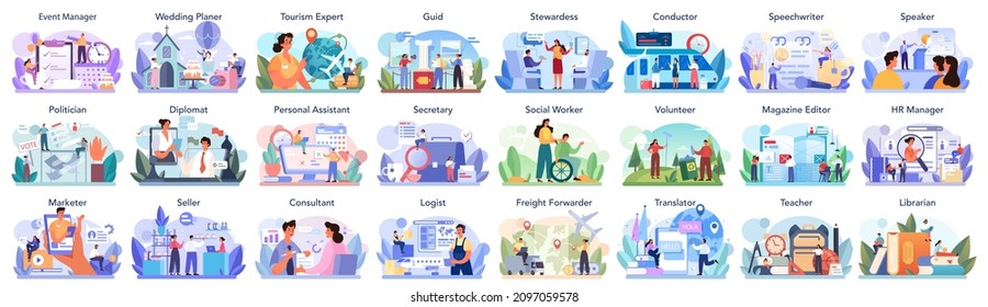 Humanitarian profession set. Business and social profession. Business, retail, politics system and entertainment. Stewardess, teacher, marketer, politician. Isolated flat vector illustration