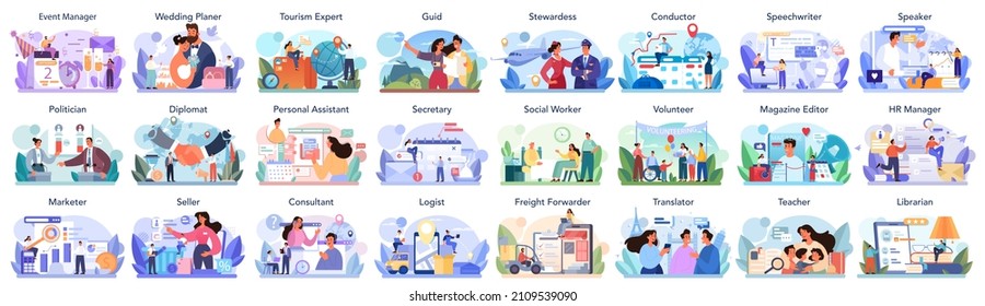 Humanitarian profession set. Business and social profession. Business, retail, politics system and entertainment. Stewardess, teacher, marketer, politician. Isolated flat vector illustration