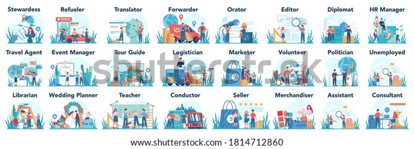 Humanitarian
profession set. Business and social profession. Business, retail,
politics system and entertainment. Stewardess, teacher, marketer,
diplomat. Isolated flat vector
illustration