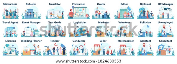 Humanitarian
profession set. Business and social profession. Business, retail,
politics system and entertainment. Stewardess, teacher, marketer,
diplomat. Isolated flat vector
illustration