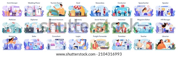 Humanitarian profession set. Business and
social profession. Business, retail, politics system and
entertainment. Stewardess, teacher, marketer, politician. Isolated
flat vector
illustration