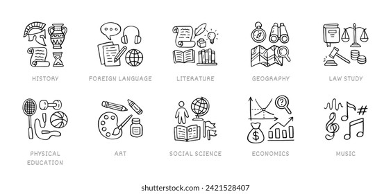 Juego de iconos del doodle de las ciencias humanitarias. Temas escolares - historia, idioma, literatura, geografía, línea de educación física pictogramas dibujados a mano