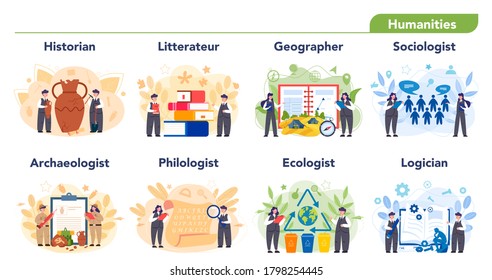 Humanitarian scientist profession set illustration. Idea of scientific research and innovation. Study philology, history, literature and other subjects at the university. Isolated flat illustration