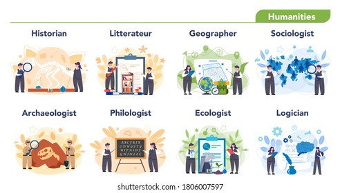 La profesión de científico humanitario ilustra. Idea de investigación científica e innovación. Estudiar filología, historia, literatura y otras materias en la universidad. Ilustración plana aislada