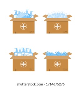 Humanitäre Hilfe in den von Epidemien betroffenen Ländern. Coronavirus-Epidemie. Lieferung von Kisten mit Desinfektionsmitteln, Masken, Handschuhen. Spenden für Ärzte, Krankenhäuser. Flache Vektorillustration.