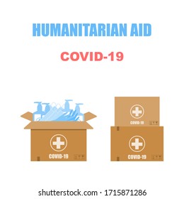 Humanitarian support in countries affected by epidemics. Coronavirus epidemic. Supply of boxes with disinfectants, masks, gloves. Donations for doctors, hospitals. Flat vector.