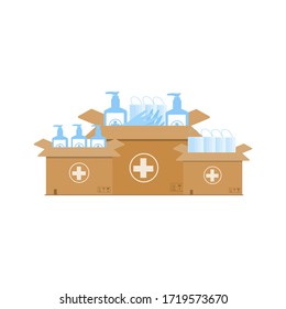 Humanitarian support in countries affected by epidemics. Coronavirus epidemic. Supply of boxes with disinfectants, masks, gloves. Donations for doctors, hospitals. Flat vector.