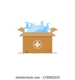 Humanitarian support in countries affected by epidemics. Coronavirus epidemic. Supply of boxes with disinfectants, masks, gloves. Donations for doctors, hospitals. Flat vector.