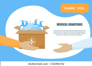 Humanitarian support in countries affected by epidemics. Coronavirus epidemic. Supply of boxes with disinfectants, masks, gloves. Donations for doctors, hospitals. Flat vector.