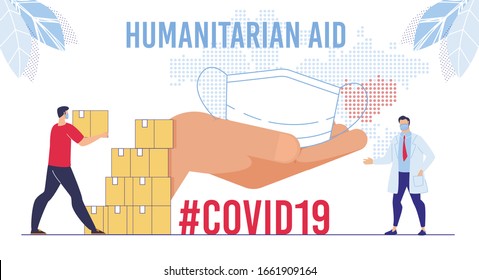 Humanitarian Support, Goodwill Mission in Suffering from Coronavirus Epidemic Country, Intentional Help, Supplying Masks for China Concept. Worker Unloading, Carrying Boxes Flat Vector Illustration