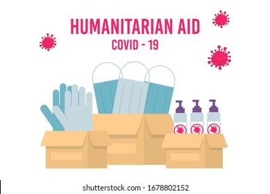 Humanitarian Support, Goodwill Mission in Suffering from Coronavirus Epidemic Country, Intentional Help, Supplying Masks for China Concept. Global crisis Boxes with gloves disinfector Vector