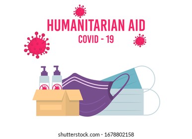 Humanitarian Support, Goodwill Mission in Suffering from Coronavirus Epidemic Country, Intentional Help, Supplying Masks for China Concept. Global crisis Boxes with gloves disinfector Vector