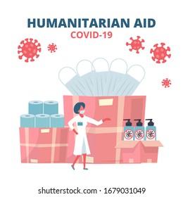 Humanitarian Support, Goodwill Mission in Suffering from Coronavirus Epidemic, Intentional Help, Supplying Masks, Sanitizer gel and toilet paper Concept. Doctor Unloading, Carrying Boxes Flat Vector.