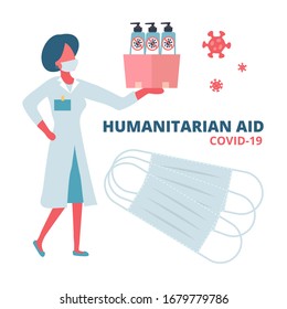 Humanitarian Support, Goodwill Mission in Suffering from Coronavirus Epidemic, Intentional Help, Supplying Masks, Sanitizer gel, toilet paper Concept.Doctor with box in hand. Flat Vector illustration.