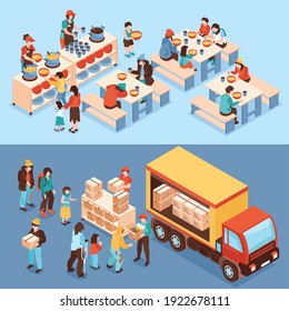 Humanitarian support horizontal banners with volunteers distributing food to needy and  feeding poor people isometric vector illustration