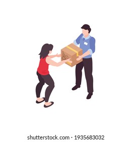Humanitarian support isometric composition with character of worker giving food box to woman vector illustration