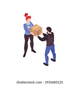 Humanitarian support isometric composition with characters of woman giving carton box to man vector illustration
