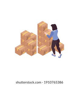 Composición isométrica del apoyo humanitario con caracteres femeninos que toman una sola caja de pilas de suministros humanitarios ilustración vectorial