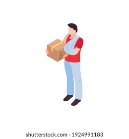 Humanitarian support isometric composition with person with broken arm holding food aid box vector illustration