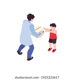 Isometrische Zusammensetzung der humanitären Hilfe mit einer Person, die einer kleinen Vektorgrafik eine medizinische Box gibt