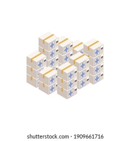 Humanitarian support isometric composition with stacks of parcels containing humanitarian supplies vector illustration
