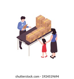Humanitarian support isometric composition with view of worker giving supplies to mother with daughter vector illustration