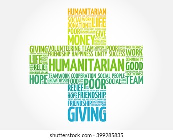 Humanitarian word cloud collage, cross concept